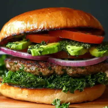 A gourmet burger stacked with fresh vegetables and a juicy patty on a shiny bun.