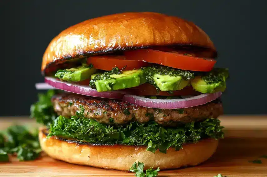 A gourmet burger stacked with fresh vegetables and a juicy patty on a shiny bun.