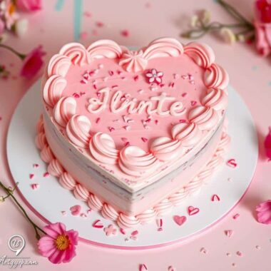 A heart-shaped cake decorated with pink frosting and sprinkles sits on a white cake stand.