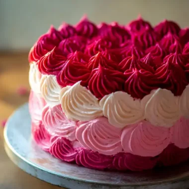 A beautifully decorated cake with swirls of red, pink, and white frosting on a round plate.
