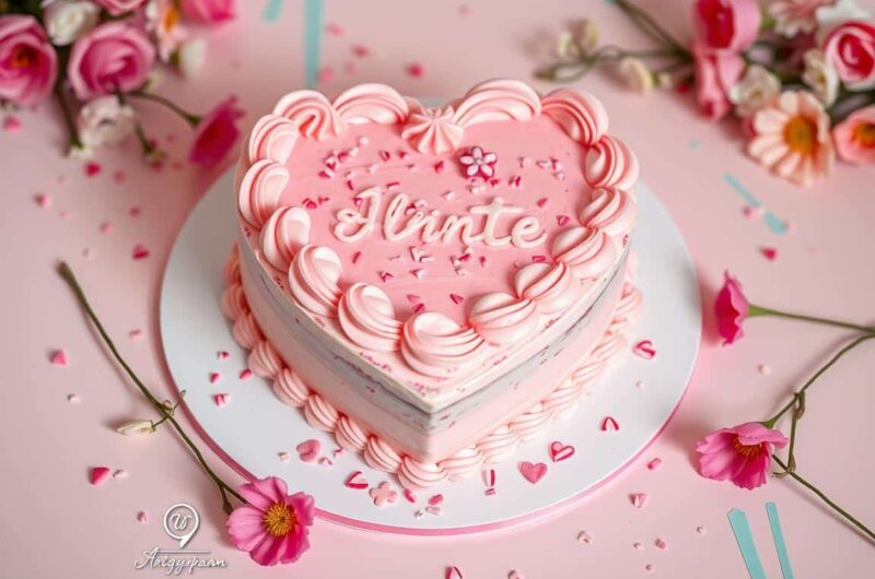 A heart-shaped cake decorated with pink frosting and sprinkles sits on a white cake stand.