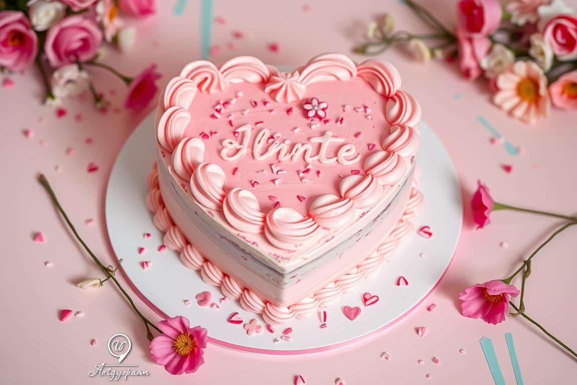 A heart-shaped cake decorated with pink frosting and sprinkles sits on a white cake stand.