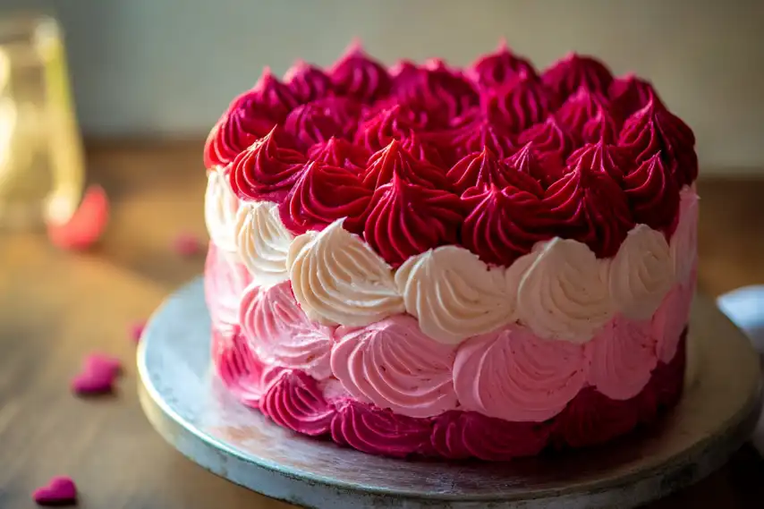 A beautifully decorated cake with swirls of red, pink, and white frosting on a round plate.