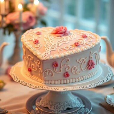 A beautifully decorated heart-shaped cake surrounded by roses and fine china on a table.