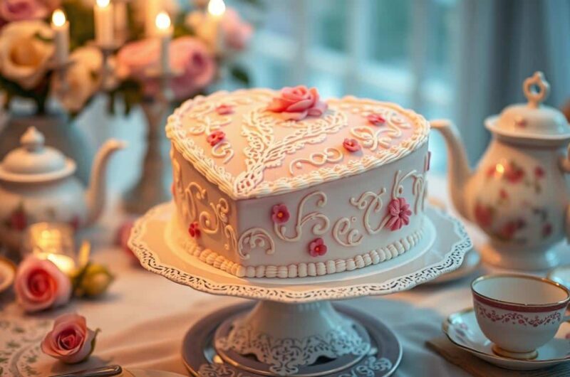 A beautifully decorated heart-shaped cake surrounded by roses and fine china on a table.