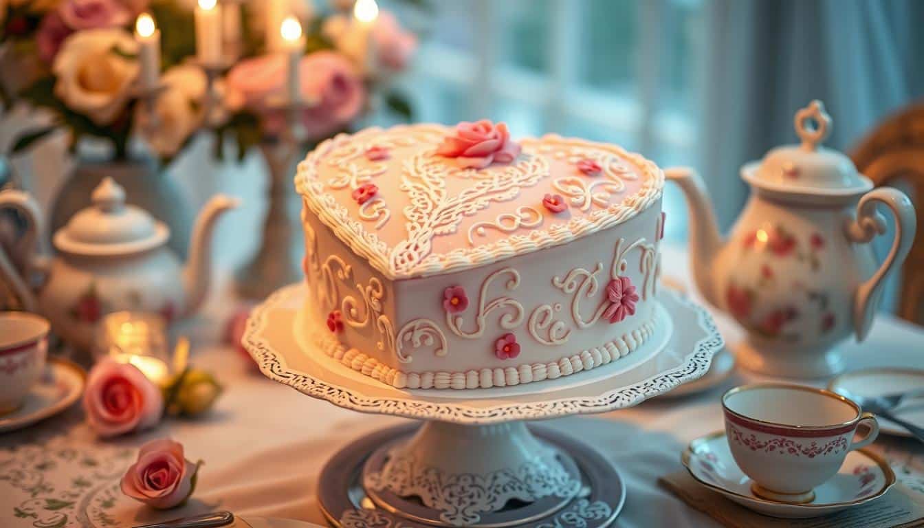 A beautifully decorated heart-shaped cake surrounded by roses and fine china on a table.