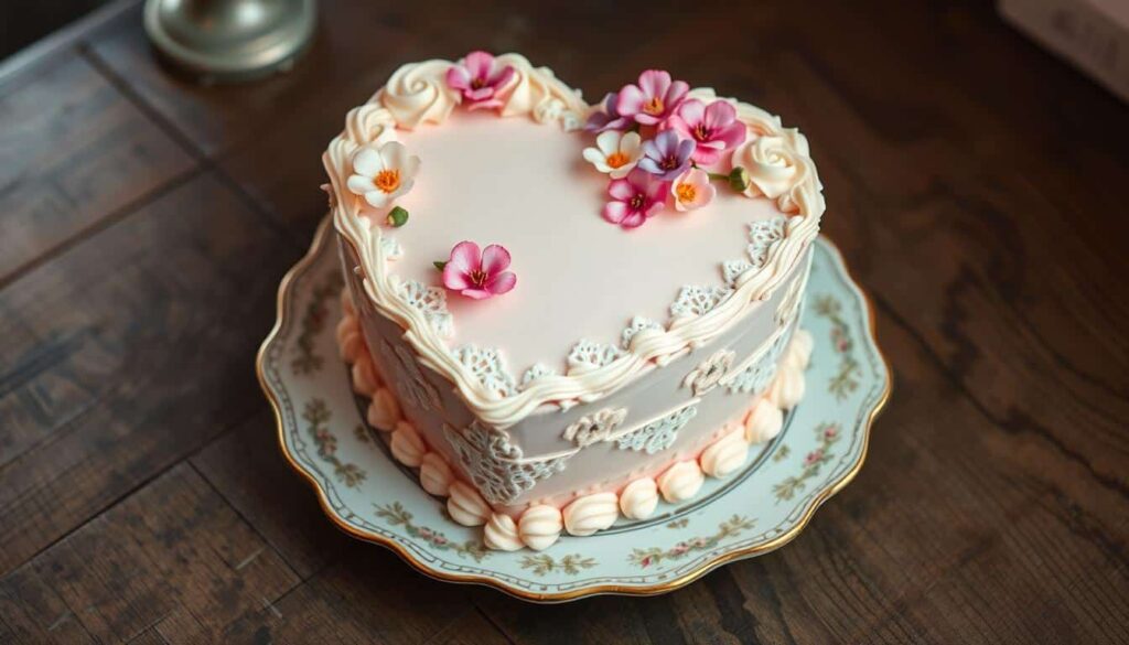 Close-up of a vintage-style heart cake featuring intricate piping, lace-like patterns, and a classic retro charm.