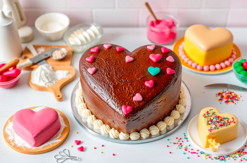 Close-up of a baker's hands shaping a heart-shaped cake using a knife and a round cake pan, illustrating one of the steps in creating a heart-shaped cake.