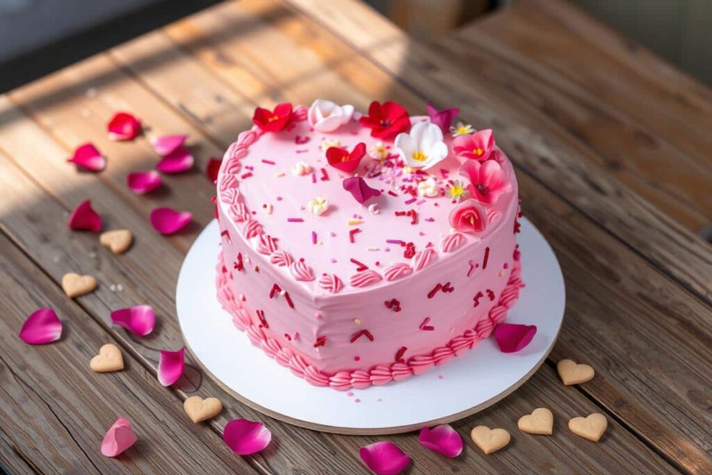 Close-up of a heart-shaped DIY cake made from two different cake pans, with vibrant red and white frosting swirls.