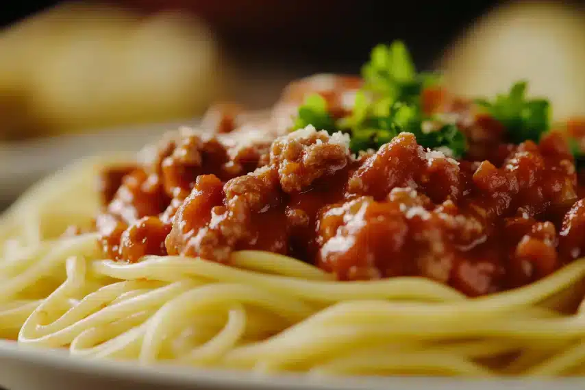 A plate of spaghetti topped with meat sauce and parsley garnish.