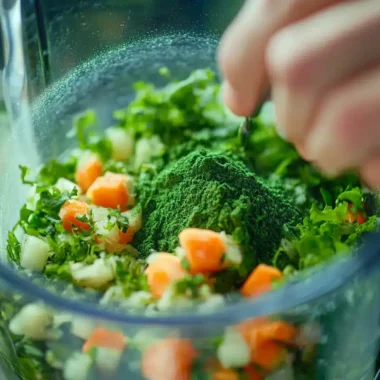 A person adds green powder to a mixture of chopped vegetables in a blender.