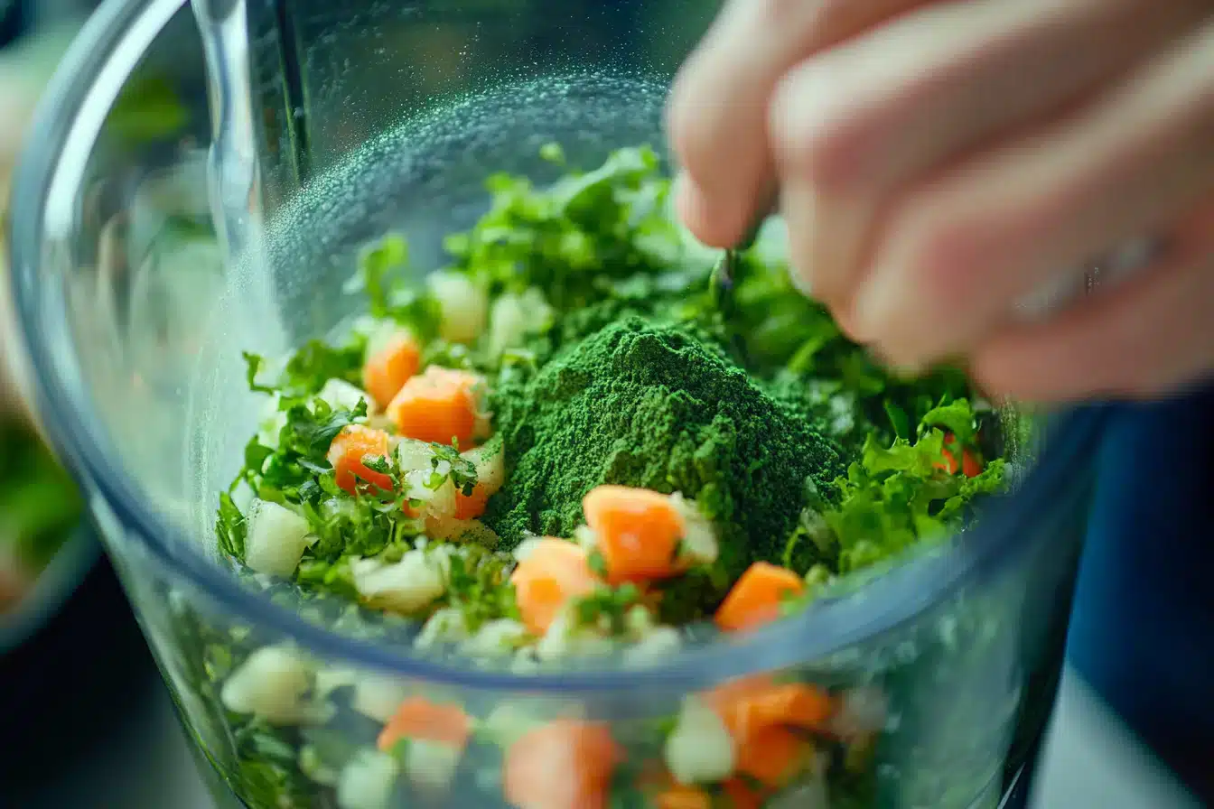 A person adds green powder to a mixture of chopped vegetables in a blender.