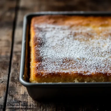 A freshly baked cake dusted with powdered sugar in a rectangular pan on a wooden surface.