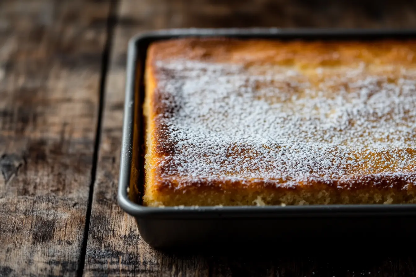 A freshly baked cake dusted with powdered sugar in a rectangular pan on a wooden surface.