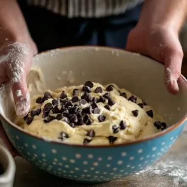 A person holding a bowl of cake batter sprinkled with chocolate chips, with flour on their hands.