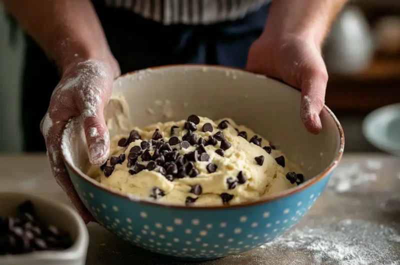 A person holding a bowl of cake batter sprinkled with chocolate chips, with flour on their hands.