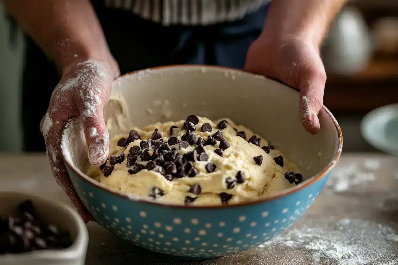 A person holding a bowl of cake batter sprinkled with chocolate chips, with flour on their hands.