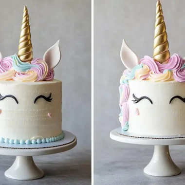 A whimsical unicorn-shaped cake with colorful icing and a golden horn on a cake stand.