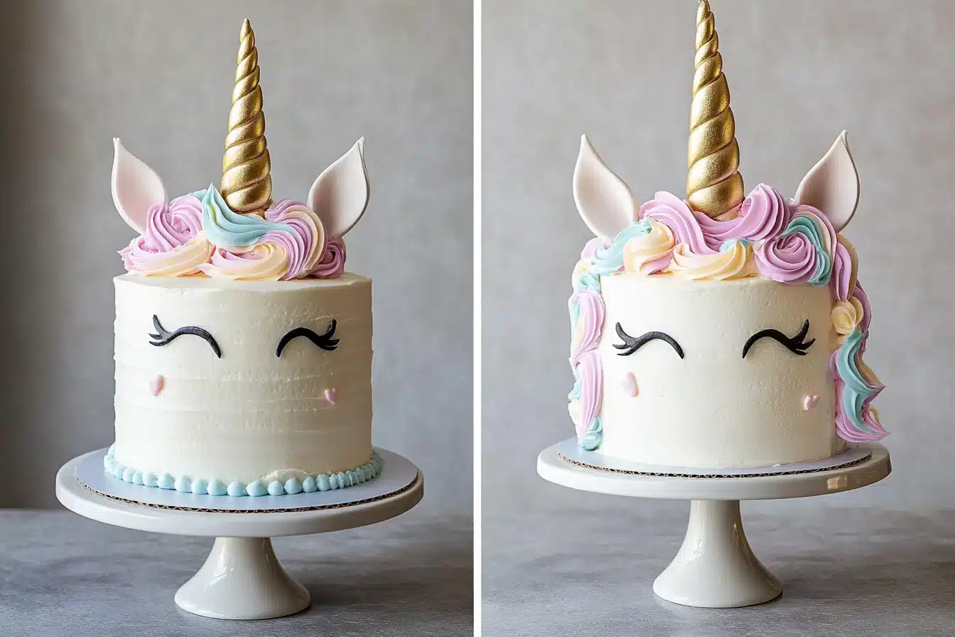 A whimsical unicorn-shaped cake with colorful icing and a golden horn on a cake stand.