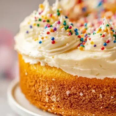 A close-up of a decorated cake with colorful sprinkles and frosting.