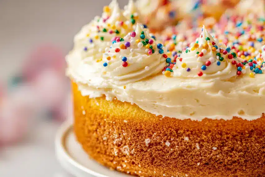 A close-up of a decorated cake with colorful sprinkles and frosting.