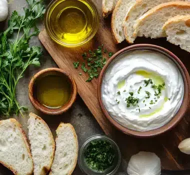 A wooden cutting board featuring sliced bread, garlic, olive oil, herbs, and a bowl of creamy dip.