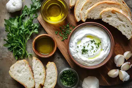 A wooden cutting board featuring sliced bread, garlic, olive oil, herbs, and a bowl of creamy dip.