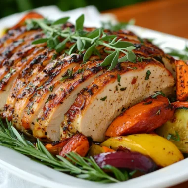 A beautifully roasted chicken breast sliced and served with colorful roasted vegetables on a white platter.