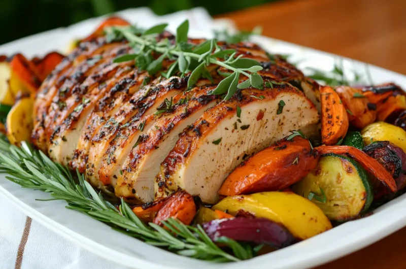 A beautifully roasted chicken breast sliced and served with colorful roasted vegetables on a white platter.