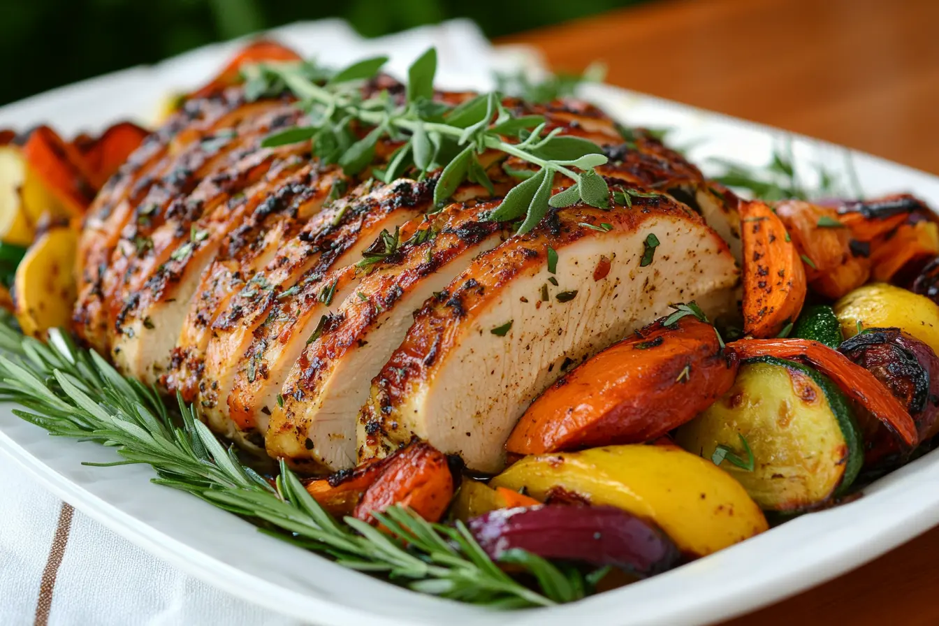 A beautifully roasted chicken breast sliced and served with colorful roasted vegetables on a white platter.