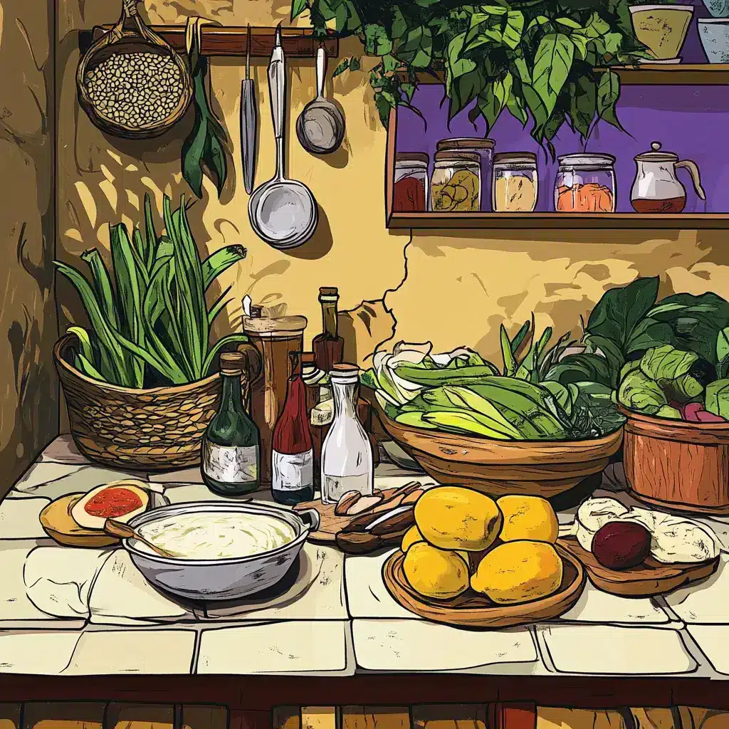 An illustration of a traditional creole kitchen with a variety of ingredients.