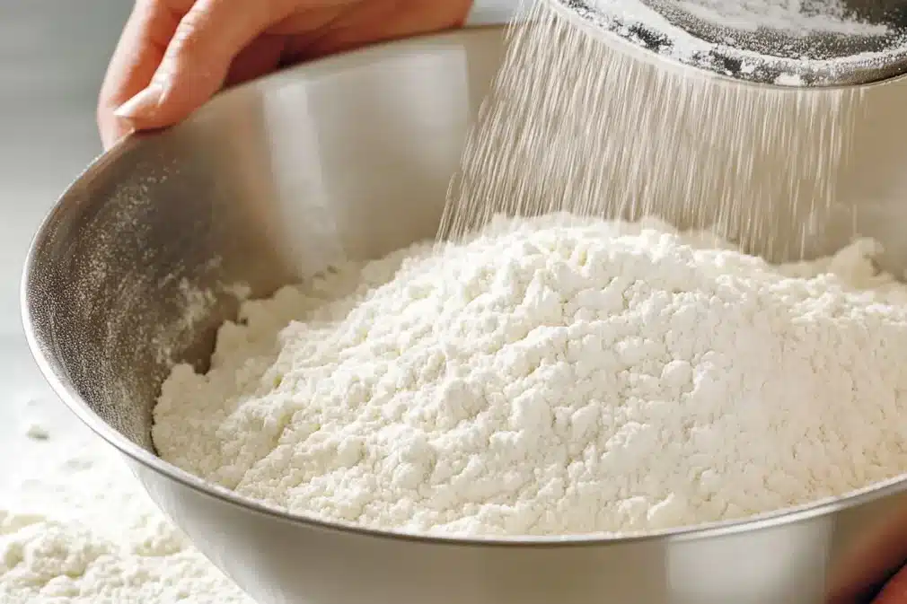 A tight, detailed view of a pair of hands holding a fine-mesh sieve above a large mixing bowl. White flour gently cascades through the sifter, forming a soft, powdery mound inside the bowl, ready to be blended into cake batter.