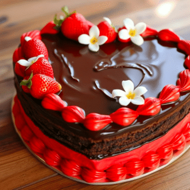 A heart-shaped chocolate cake adorned with strawberries and flowers on a wooden table.
