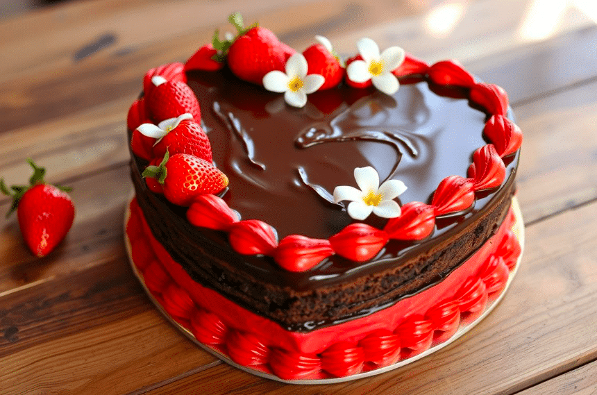 A heart-shaped chocolate cake adorned with strawberries and flowers on a wooden table.