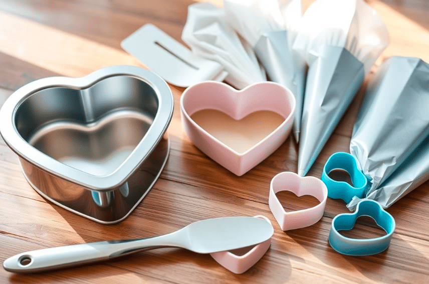 A heart-shaped cake in progress, with tools like a spatula, frosting, and piping bag on a countertop, highlighting the step-by-step cake decorating process.