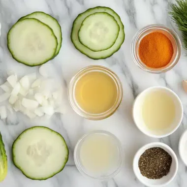 A variety of fresh ingredients including cucumber, garlic, and herbs arranged on a marble surface.