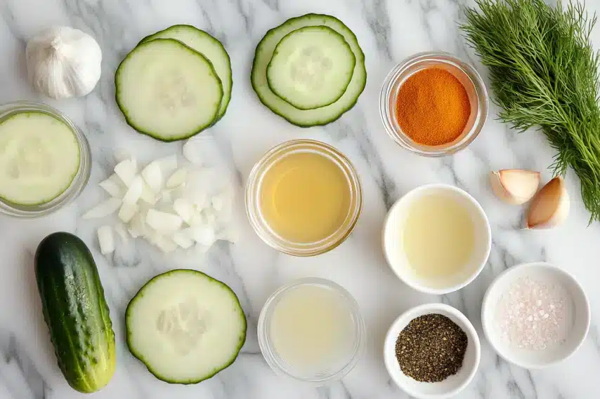 A variety of fresh ingredients including cucumber, garlic, and herbs arranged on a marble surface.