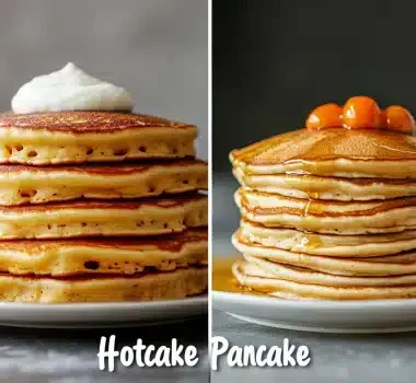 A comparison of two stacks of pancakes, one topped with whipped cream and the other with syrup and orange berries.