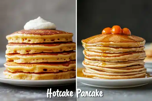 A comparison of two stacks of pancakes, one topped with whipped cream and the other with syrup and orange berries.