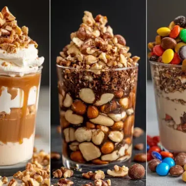 Three delectable dessert parfaits featuring nuts and candy toppings.