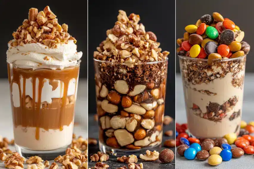 Three delectable dessert parfaits featuring nuts and candy toppings.