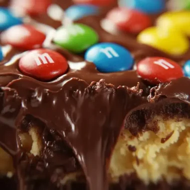 A close-up of a chocolate dessert topped with colorful candy-coated chocolates.
