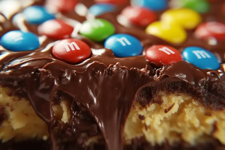 A close-up of a chocolate dessert topped with colorful candy-coated chocolates.