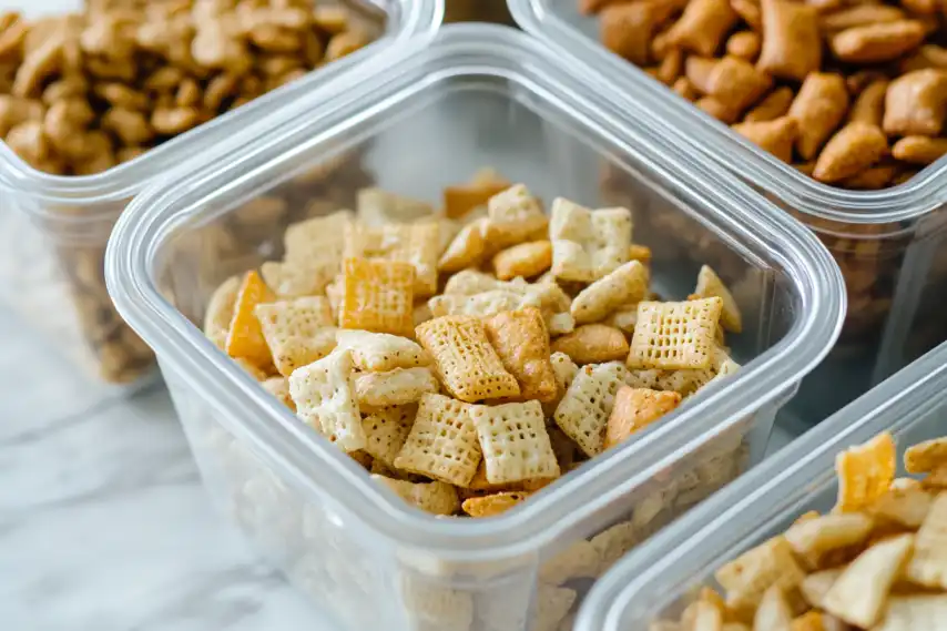 A variety of snack mixes are displayed in transparent containers on a marble surface.