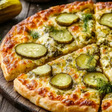 A freshly baked pizza topped with pickles and dill on a wooden serving board.