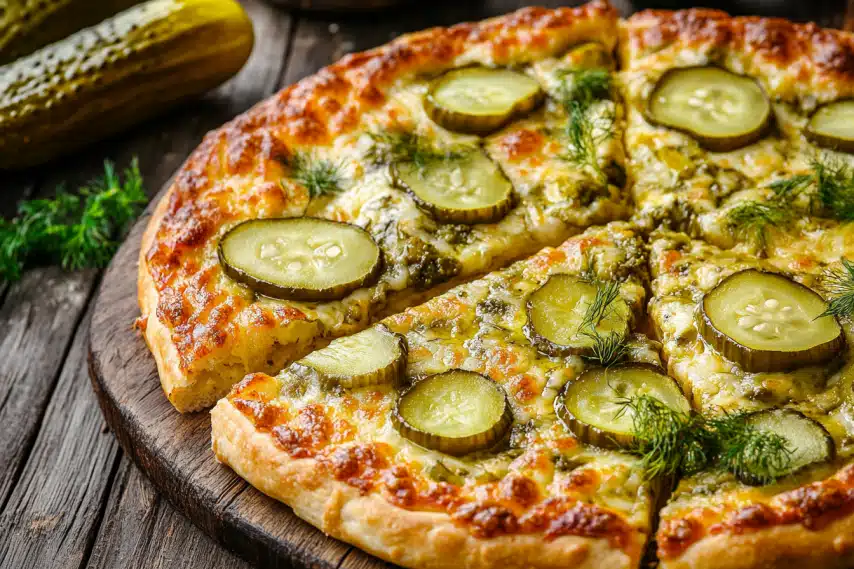 A freshly baked pizza topped with pickles and dill on a wooden serving board.