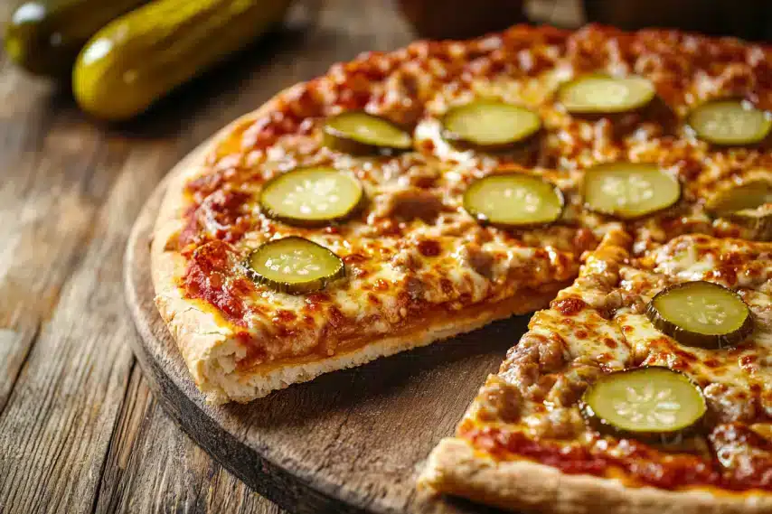 An overhead view of a sliced pickle pie pizza showcasing tangy pickle toppings, melted cheese, and a crisp, golden-brown crust.