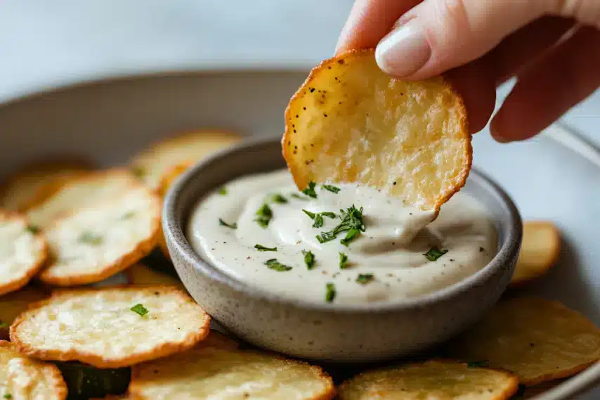 A hand dipping a pickle chip into a creamy dipping sauce, with other pickle chips and a sauce bowl in the background.