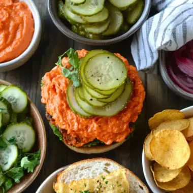 A colorful spread featuring a sandwich topped with pickles and orange spread, alongside various sides including cucumbers, chips, and pickled onions.