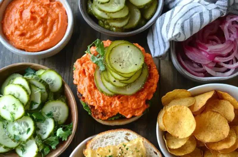 A colorful spread featuring a sandwich topped with pickles and orange spread, alongside various sides including cucumbers, chips, and pickled onions.